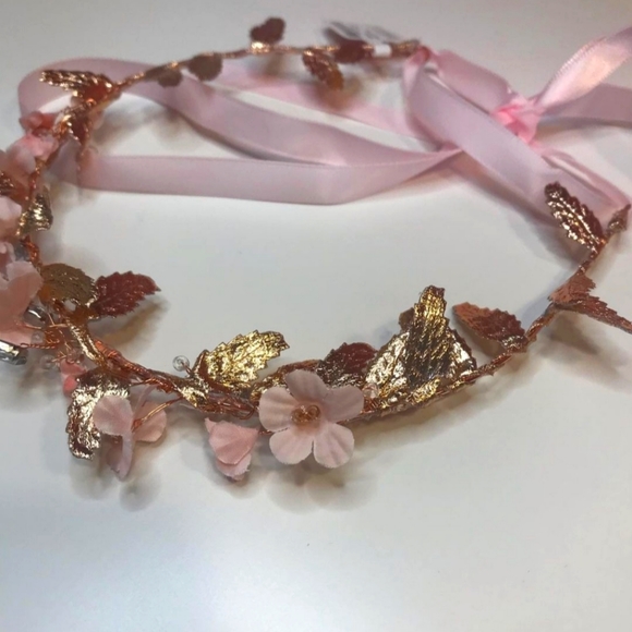 ROSE GOLD METALLIC FLOWER CROWN TIE HEADWRAP - PINK - Picture 2 of 6